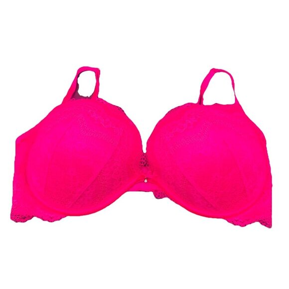 VICTORIA’S SECRET Plunge Hot Pink Lace Push Up Underwire Bra Sz 36D Sexy - Picture 1 of 12